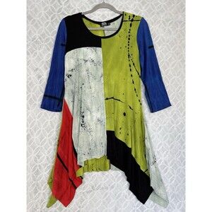 Art Of Cloth Tunic Top Women M Colorblock Asymmetrical Shirt Stretch Artsy Lagen